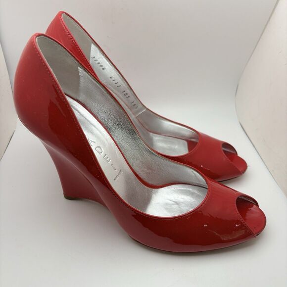 Casadei Red Blade Patent Leather Peep Toe Wedges 6.5 Made In Italy 4 INCH Heel - Picture 2 of 8